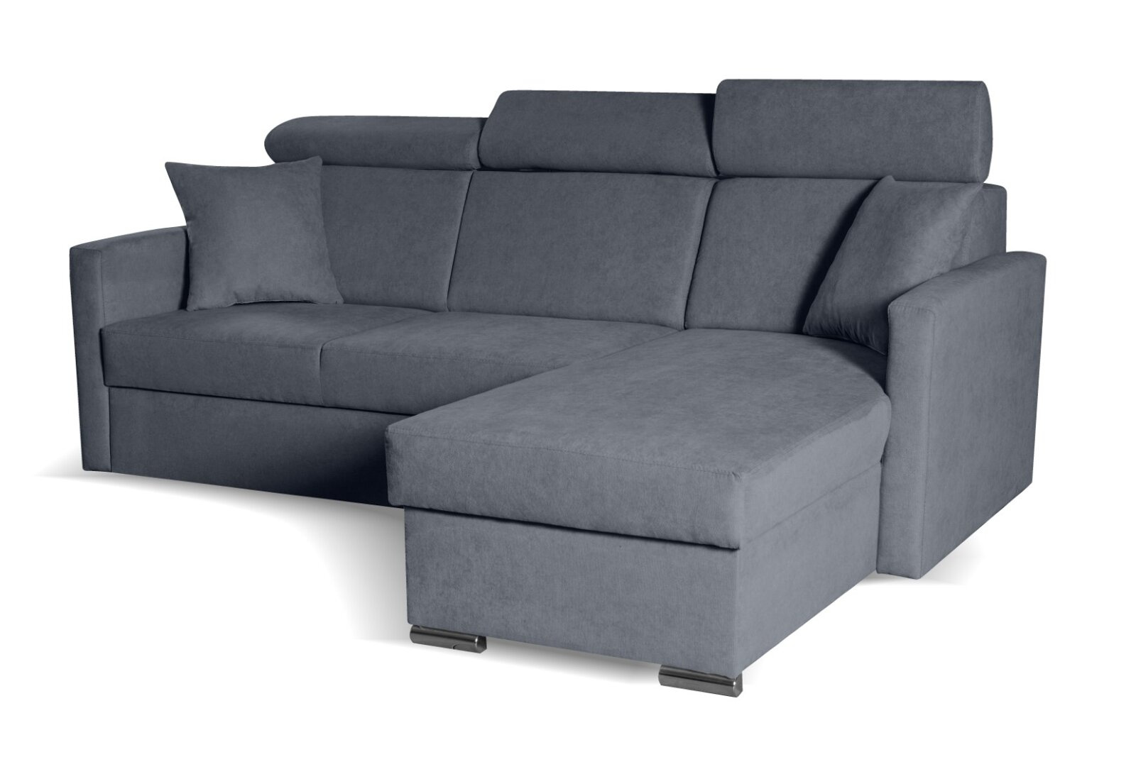 Nowoczesny narożnik z funkcją spania i pojemnikiem Mils do salonu szary granatowy