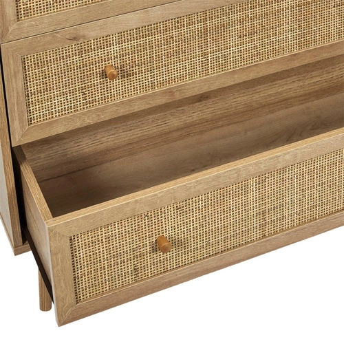 Komoda Bali boho z plecionym frontem, 3 szuflady, brązowa, komoda do salonu 90 cm Intesi