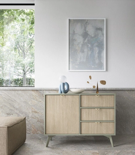 Komoda Sage glamour z szufladami i szafką w jodełkę na nóżkach do salonu 106 cm