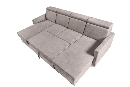 Narożnik z funkcją spania Mils U beżowy nowoczesny do salonu z pojemnikiem Intesi