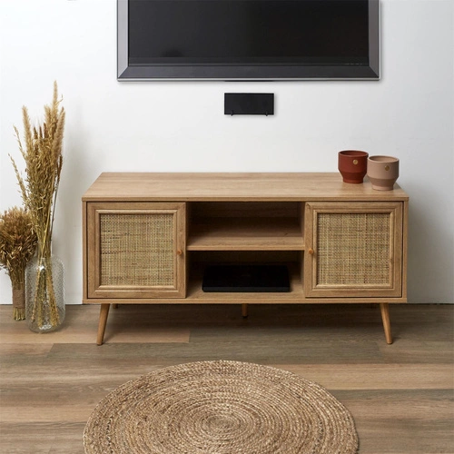Szafka RTV Bali brązowa boho z plecionym frontem 115 cm stojąca do salonu Intesi