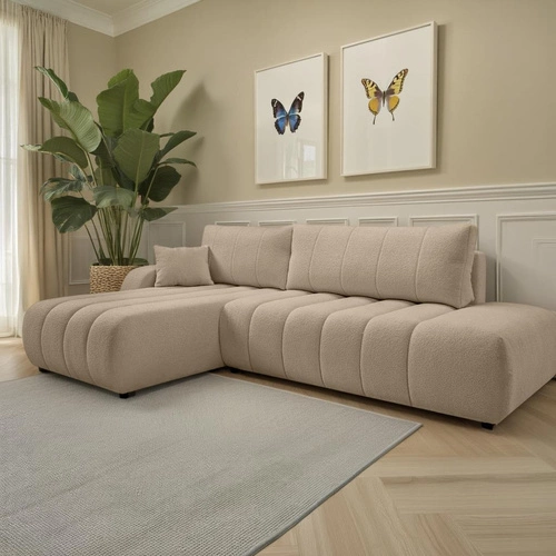 Narożnik z funkcją spania Hobro lewy beżowy nowoczesny z pojemnikiem do salonu Intesi