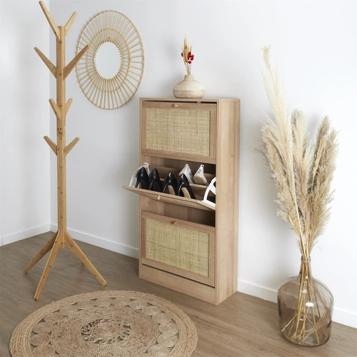 Szafka na buty Bali naturalna wysoka z trzema półkami i ażurowym frontem rattan boho
