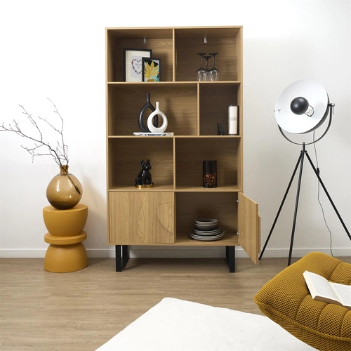 Regał na książki Calypso naturalny loftowy z szafką i półkami do salonu Intesi 180x100 cm