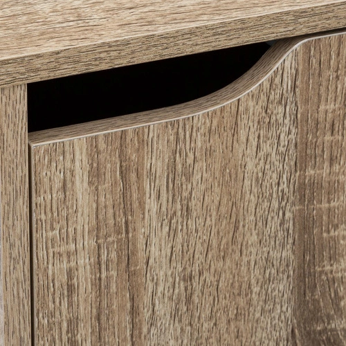 Komoda Ceda nowoczesna dąb na czarnych nóżkach z szafkami i półkami do salonu 67 cm