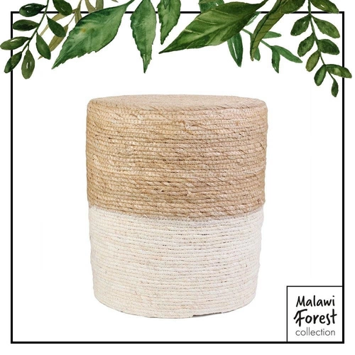 Pufa Bolsa okrągła boho pleciona naturalna i biała do salonu i sypialni Intesi 41 cm