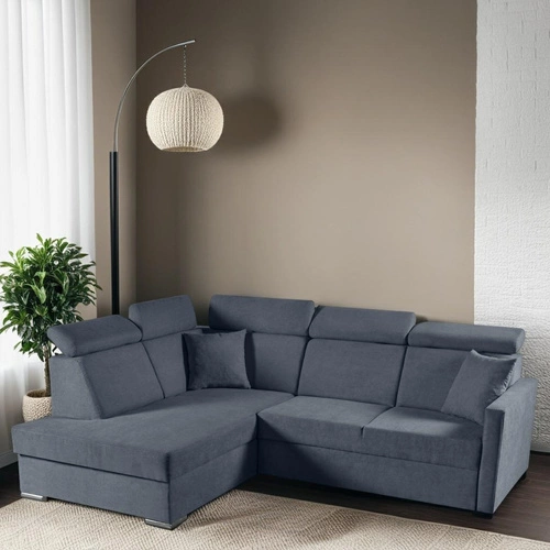 Narożnik z funkcją spania Mils XL lewostronny nowoczesny do salonu szary granatowy