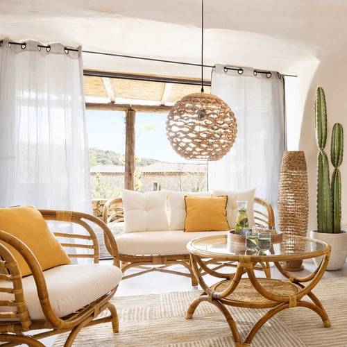 Lampa stojąca do salonu Sand boho drewniana podłogowa z papierowym abażurem Atmosphera