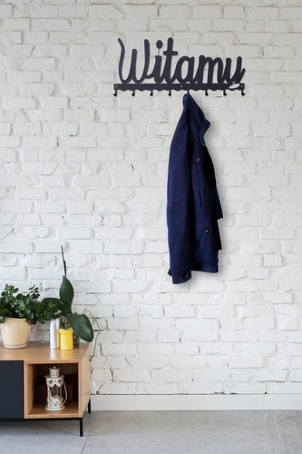 Wieszak ścienny do przedpokoju Intesi Witamy czarny nowoczesny metalowy 8 haczyków