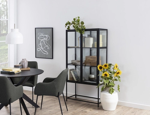 Stół okrągły do jadalni Duncan czarny nowoczesny fornir dębowy na jednej nodze Actona 105 cm