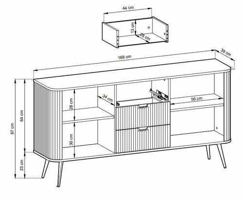 Komoda Seda czarna z szufladami na złotych nogach nowoczesna glamour 168 cm do salonu