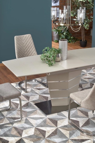 Stół rozkładany do jadalni Retos beżowy mat szklany blat nowoczesny na jednej nodze 140-180 cm