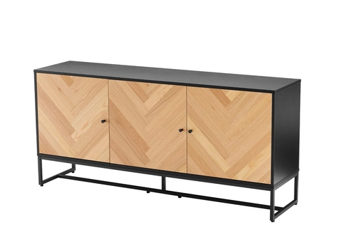 Komoda Clar 160 cm nowoczesna dąb i czarny z frontami w jodełkę na metalowych nogach do salonu