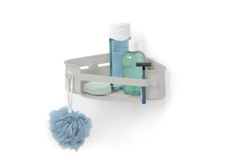 Półka łazienkowa narożna pod prysznic Umbra Flex szara z haczykami GEL-LOCK bez wiercenia