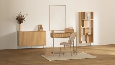 Komoda Tasso ryflowana naturalna 120 cm na złotych nogach do salonu nowoczesna Atmosphera