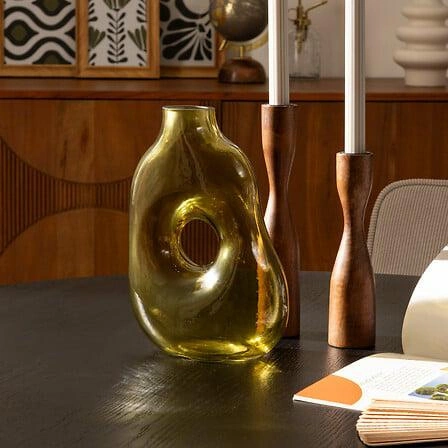 Wazon szklany Kaki żółty nowoczesny dekoracyjny na kwiaty do salonu Atmosphera 25 cm