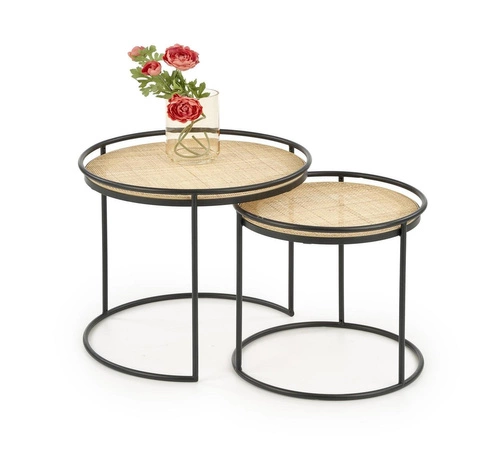 Zestaw 2 okrągłych stolików kawowych Nabul rattan i metal czarny boho do salonu Intesi