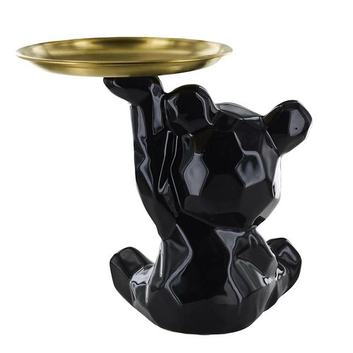 Figurka dekoracyjna miś origami czarna ze złotą tacą ceramiczna do salonu Intesi