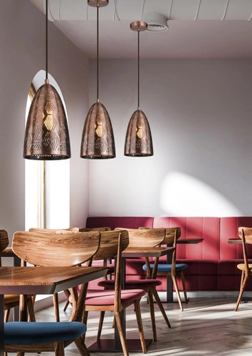 Lampa wisząca Sfinks miedziana ażurowa regulowana do salonu i jadalni industrialna