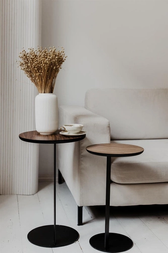 Okrągły stolik kawowy ODEN 350 orzech amerykański nowoczesny do salonu i sypialni NORDIFRA