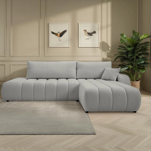 Narożnik z funkcją spania Hobro szary prawy do salonu pojemnik nowoczesny Intesi