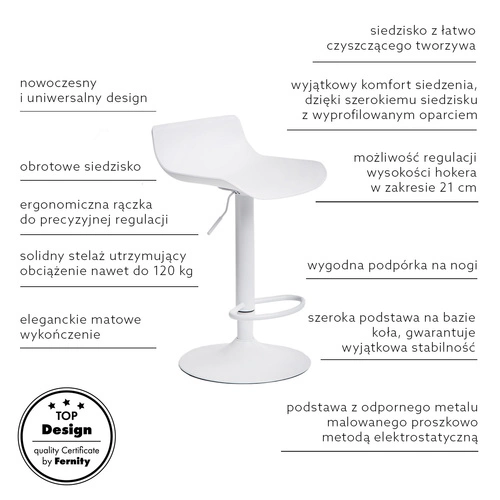 Hoker bez oparcia Simplet Bar One biały matowy nowoczesny regulowany obrotowy do kuchni