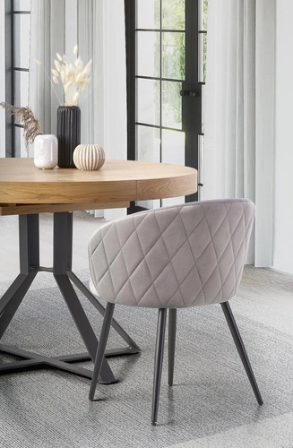 Stół okrągły rozkładany Merry dąb złoty czarne nogi nowoczesny do jadalni i salonu 120–160 cm