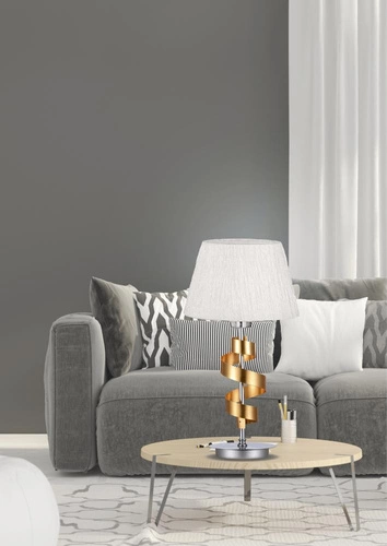 Nowoczesna lampa stołowa Denis chrom złoty z białym abażurem glamour do sypialni i salonu