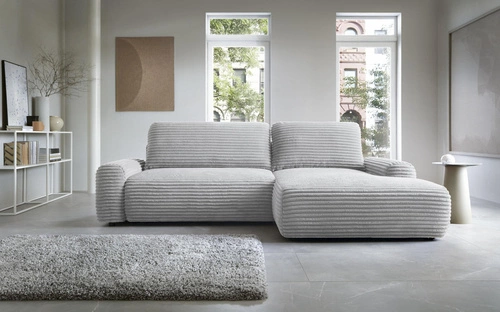 Narożnik sztruksowy z funkcją spania do salonu Domle prawy szary nowoczesny Intesi