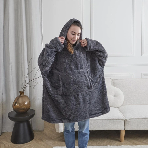 Intesi szary bluzo koc z futerka ciepły z kapturem do salonu na zimę 120x83 cm