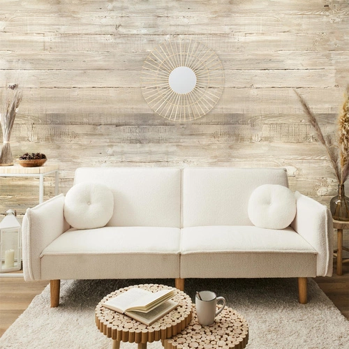 Sofa rozkładana z funkcją spania Boghena beżowa skandynawska 2 osobowa do salonu na wysokich nogach