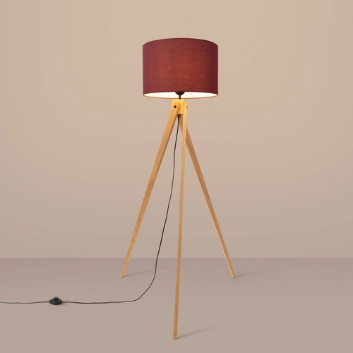 Lampa stojąca do salonu NATT burgund nowoczesna drewniana trójnóg z abażurem 140 cm
