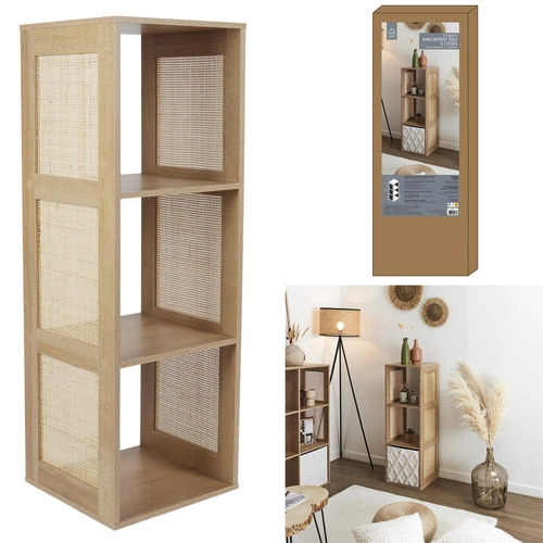 Regał na książki Kali 3 półki skandynawski rattanowy naturalny do salonu i sypialni Intesi