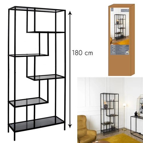 Regał na książki Edison czarny metalowy industrialny z półkami ze szkła do salonu 180 cm