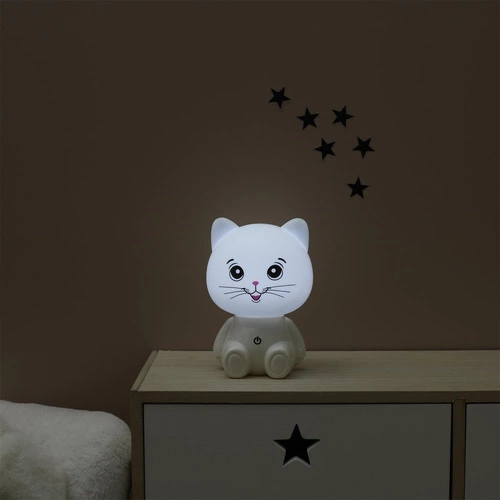 Lampka nocna LED Kot Intesi biała do pokoju dziecięcego z regulacją światła i portem USB