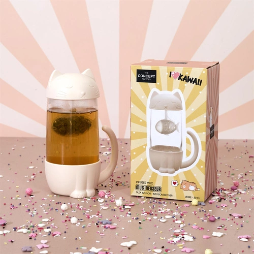 Kubek szklany Kawaii z zaparzaczem kotek z rybką 300ml do herbaty Intesi nowoczesny
