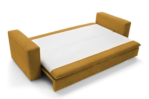 Sofa rozkładana z funkcją spania Ulnes 3 osobowa sztruksowa żółta do salonu z pojemnikiem