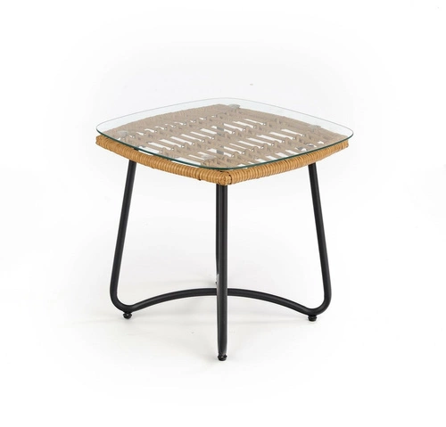 Stolik kawowy Surabaya kwadratowy boho rattanowy z blatem szklanym czarny do salonu 51x51 cm