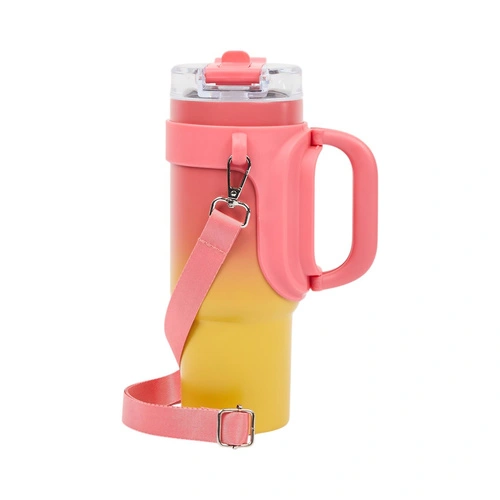Kubek termiczny Malibu Intesi 900 ml różowo‑żółty z uchwytem do kawy
