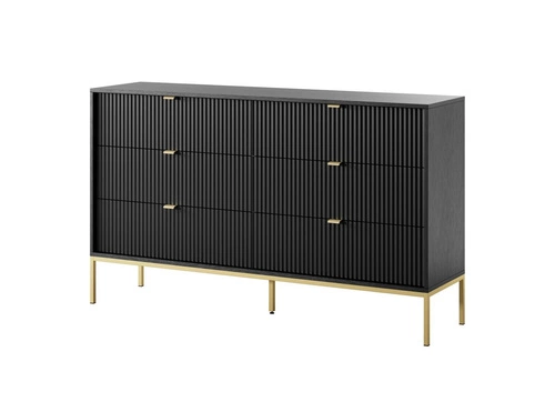 Komoda Delicious czarna ryflowana z 6 szufladami na złotych nogach glamour do salonu 154 cm