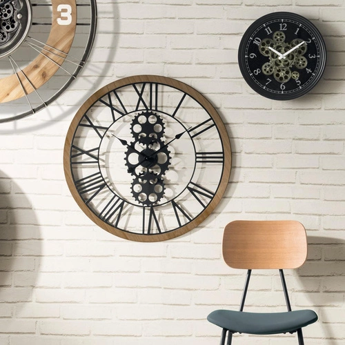 Zegar ścienny vintage Meca 37 cm czarny z ozdobnymi trybami do salonu Atmosphera