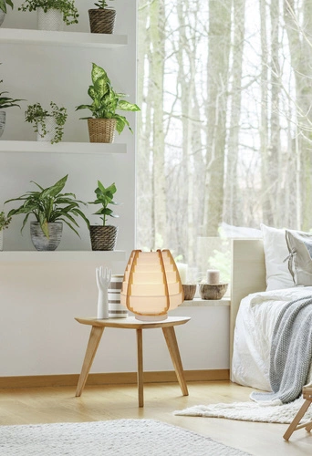 Lampka nocna boho Nagoja beżowa drewniana do sypialni i salonu Ledea 27 cm