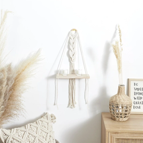 Półka ścienna wisząca Boho Intesi beżowa drewniana na kwiaty i dekoracje do salonu