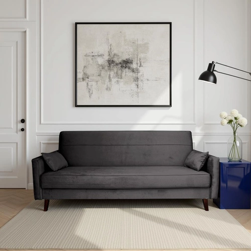 Sofa rozkładana z funkcją spania Izoria 3 osobowa szara do salonu vintage z pojemnikiem