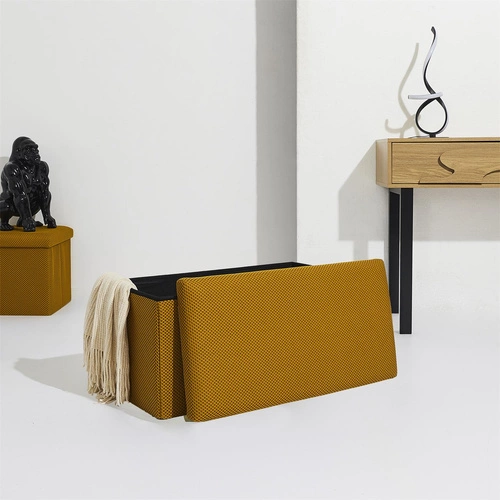 Pufa ze schowkiem Velse Atom Intesi żółta prostokątna składana do przedpokoju i pokoju dziecięcego