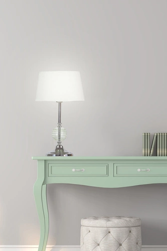 Lampka nocna glamour Fero z białym abażurem, metalowa do sypialni i salonu CANDELLUX