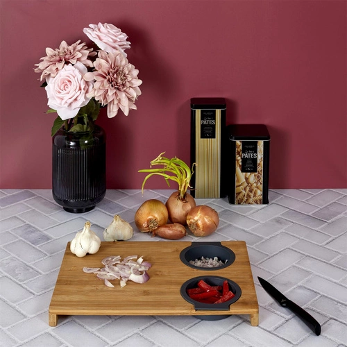 Intesi Bamboo nowoczesna deska do krojenia z miską i sitkiem do warzyw 40x28 cm