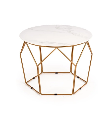 Stolik kawowy Safakis okrągły szklany biały marmur złoty nowoczesny glamour do salonu 60 cm