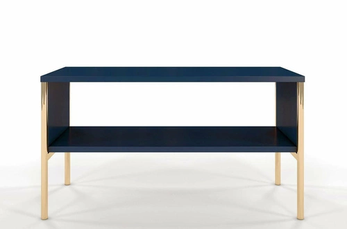 Stolik kawowy Polka prostokątny drewniany niebieski ze złotymi nogami z półką do salonu SKANDICA