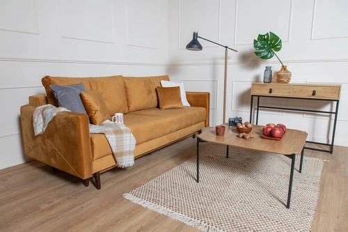 Sofa rozkładana z funkcją spania Saxo 2 osobowa do salonu nowoczesna żółta z pojemnikiem